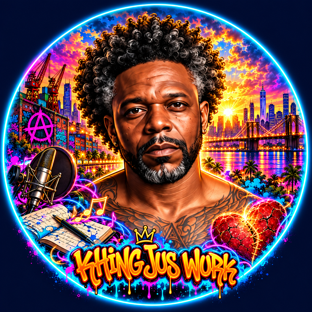 Khing Jus Wurk’s colorful crowned portrait with Brooklyn skyline, microphone and songwriting notebook